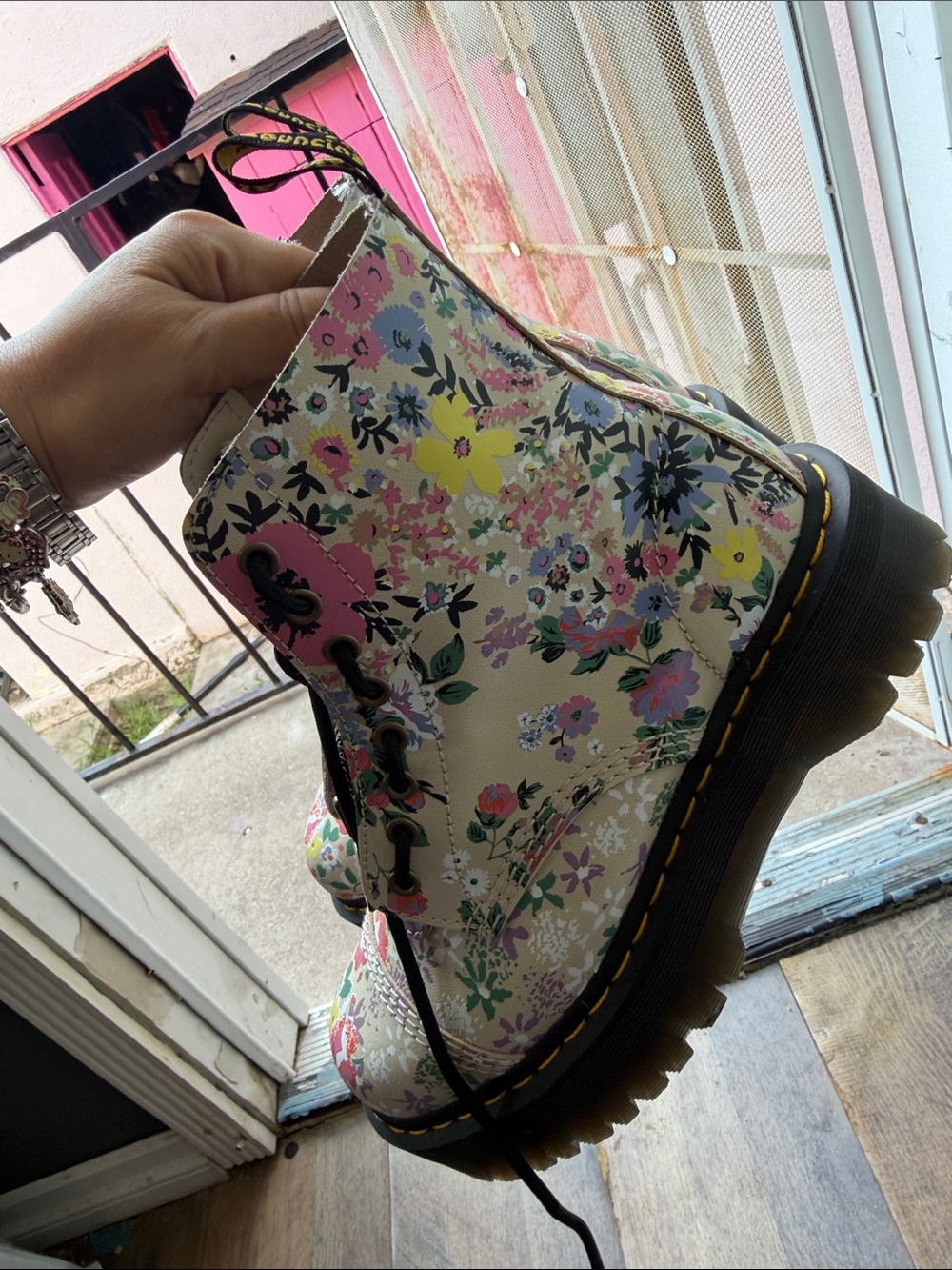 Dr. Martens Floral Lace-Up Boots in Cream with Multicolor Flowers